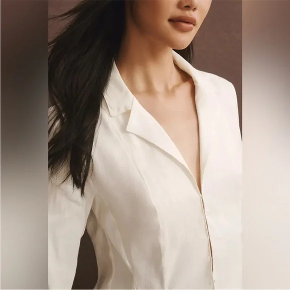 BNWT BY ANTHROPOLOGIE LONG-SLEEVE COLLARED LINEN PEPLUM OFF-WHITE BLOUSE - Picture 3 of 5